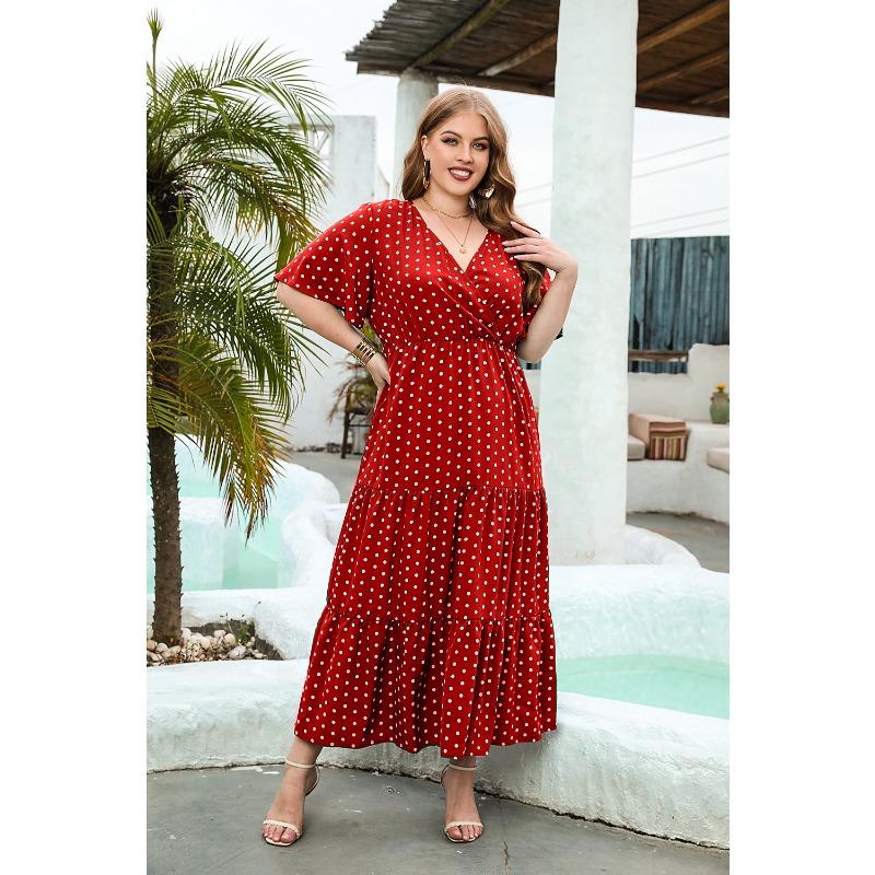 Plus Size Women's Big Size Polka Dot Casual v-Neck Elegant Hem Midi Dresses