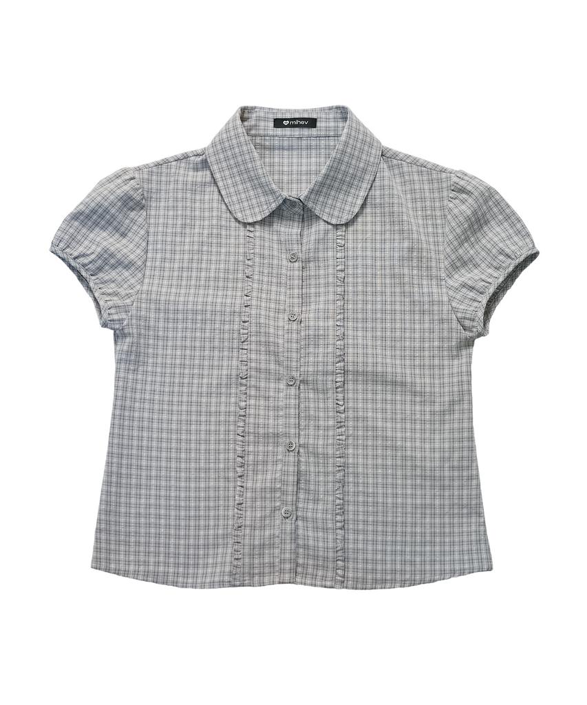 Mihebeu Check Puff Short Sleeve Blouse Gray