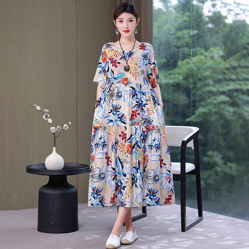 Plus Size Floral Dresses for Women  Oversize Loose Short Sleeve Summer Long Dress Middle-aged Women Summer Sundresses