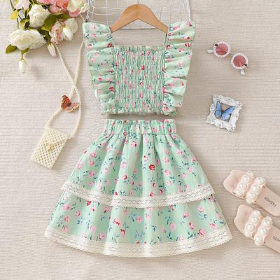 Ensemble Jupe Imprimé Floral Mode Filles Été Enfants Doux Vert Jupe À Volants Ensemble Deux Pièces