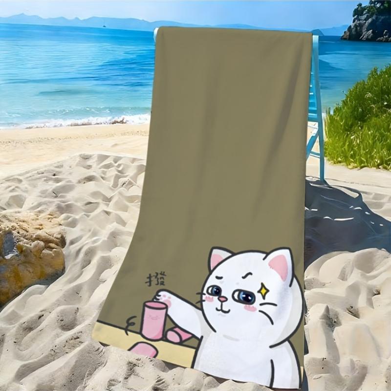 

2D Flat, 1pc White Cat Towel with Smiling Cat & Toastable Character - Soft Microfiber Bath Towel Suitable for Pool, Yoga, Travel W30*H60(CM)