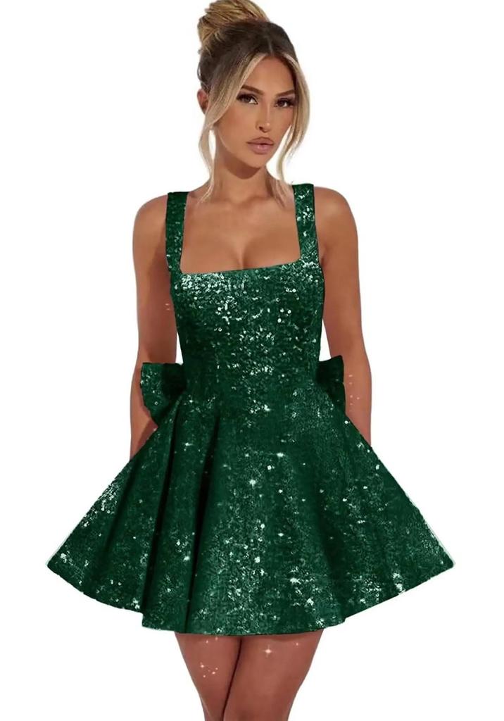 European Spaghetti Strap Sequin Mini Dress with Bow – Elegant Light Luxury Birthday Banquet Dress