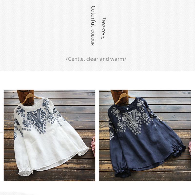 2025 Spring/Summer Women's Loose-Fit Embroidered Cotton-Linen T-Shirt, National Style, Plus Size, Round Neck