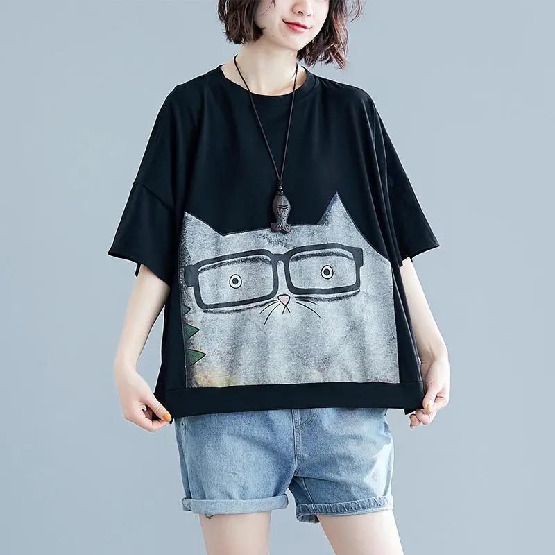 

Футболка свободного покроя с принтом мультяшного кота Kawaii, графические футболки для женщин, свободная хлопковая футболка с коротким рукавом, летняя повседневная футболка, топы one size чёрный