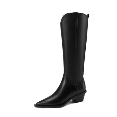 Cow Skin Autumn Winter Shoes Med Heels Equestrian Boots Pointed Toe European Keep Warm Slip On Knee Boots