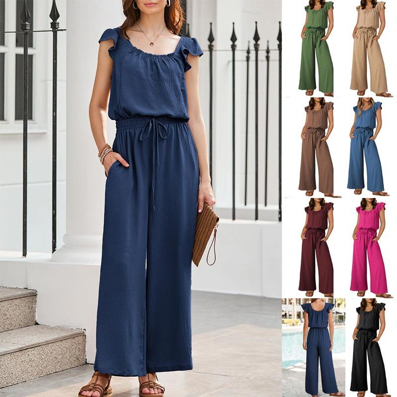 

Wrinkles, Square Collar, Jumpsuit, Pockets, Solid Color, Sleeveless, Ruffled Sleeves, Jumpsuit, Women s S Темно-синій