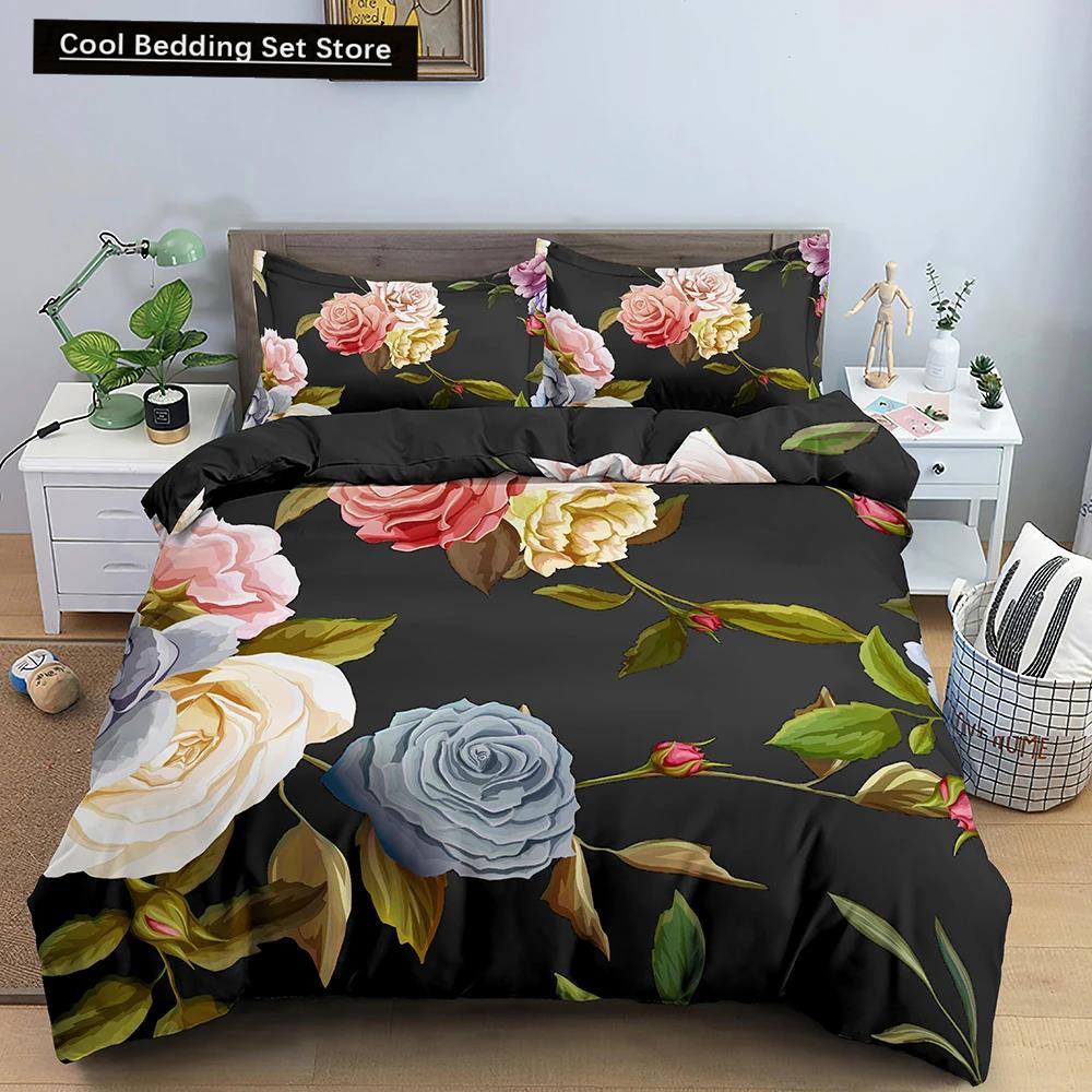 Comforter Flowers King Queen 3D Colorful Floral Printed Polyester Bedding Set For Teens Adults Women Leaves Soft