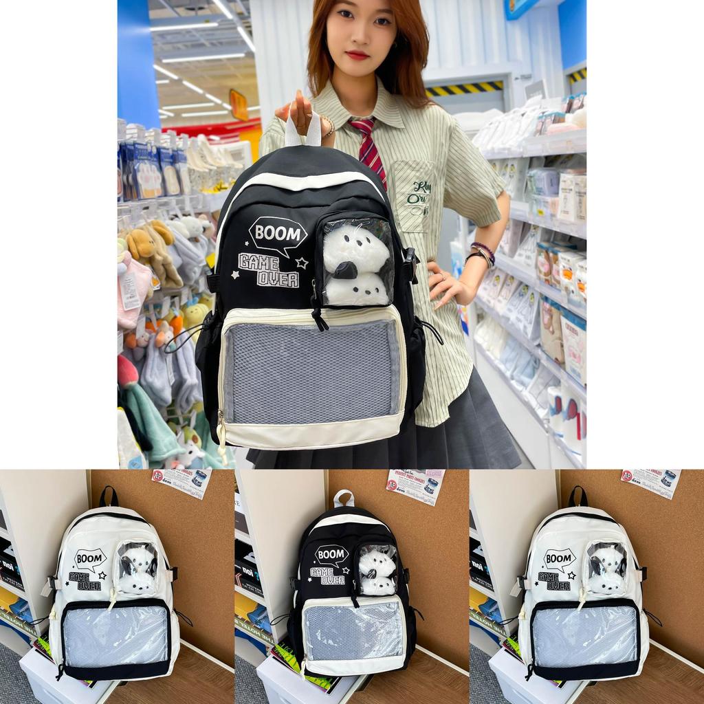 Classroom Backpack Lightweight Nylon With Letter Print And Transparent Layer Design For Teen Use