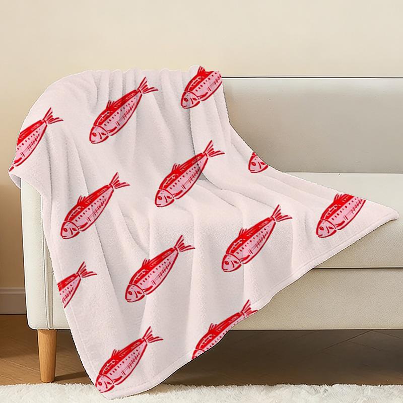 Soft Plush Flannel Blanket Red Fish Print Warm Cozy Throw for Home Dorm, Christmas Halloween Decor
