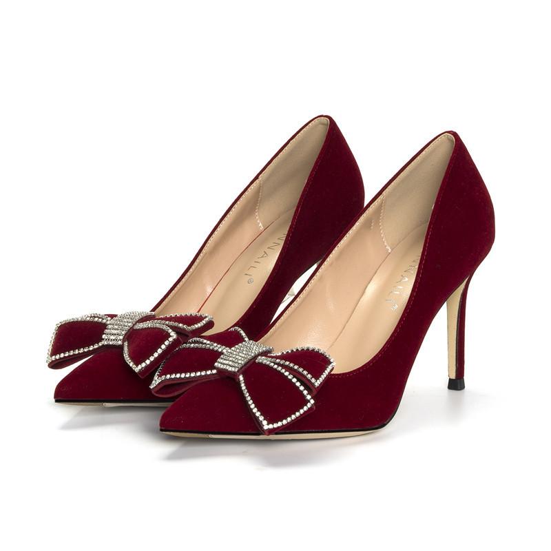 Mode Zarte Damen Burgunderrote Schuhe für Hochzeit Braut Wildlederimitat Pumps Frau Stiletto Hohe Absätze Kristall Schleife Tacones Mujer