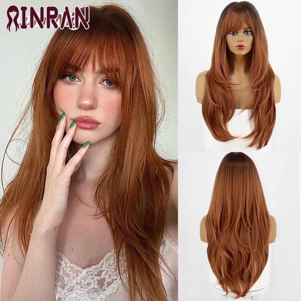 XINRAN Lange gerade weinrote Perücke mit Pony, synthetische Perücken für Frauen, hitzebeständiges Naturhaar für die tägliche Halloween-Cosplay-Party
