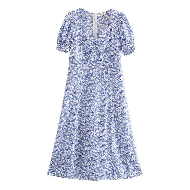 Summer New French Retro Temperament Square Neck Floral Waist and Thin Dress