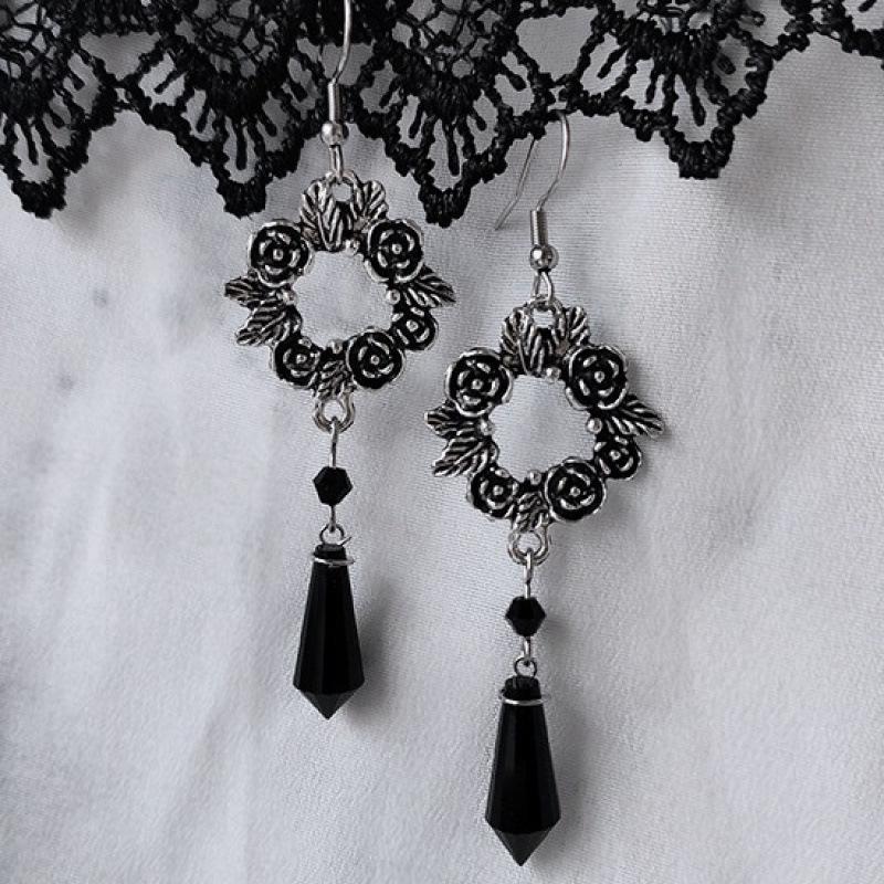 Gothic Rose Black Crystal Pendant Earrings - Vintage Fashion Jewelry