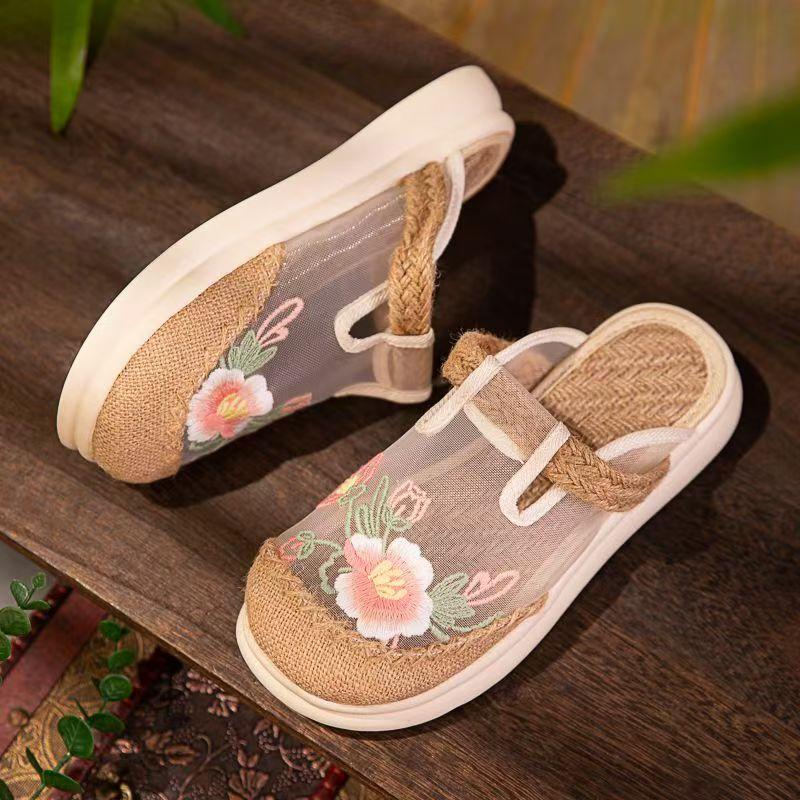 Women Mesh Embroidered Baotou Slippers Ethnic Style Breathable Flat sole Linen Outdoor Half slippers Casual Fisherman Shoes