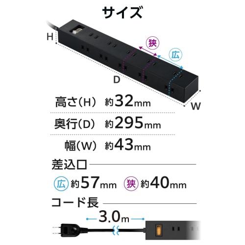 ELECOM Power Tap, 10 Ports, 2 Plugs, 3m, Magnet, Dust Shutter, Swing Plug, Lightning Guard, Bulk Switch, Compact, Black, ECT-1530BK