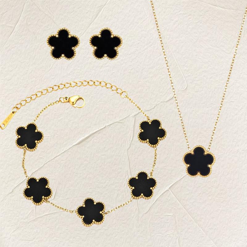 Luxury Zircon Set for Women copper Color Chain Stainless Steel Double Sided Five Leaf Flower Necklace Earrings Bracelet Clover