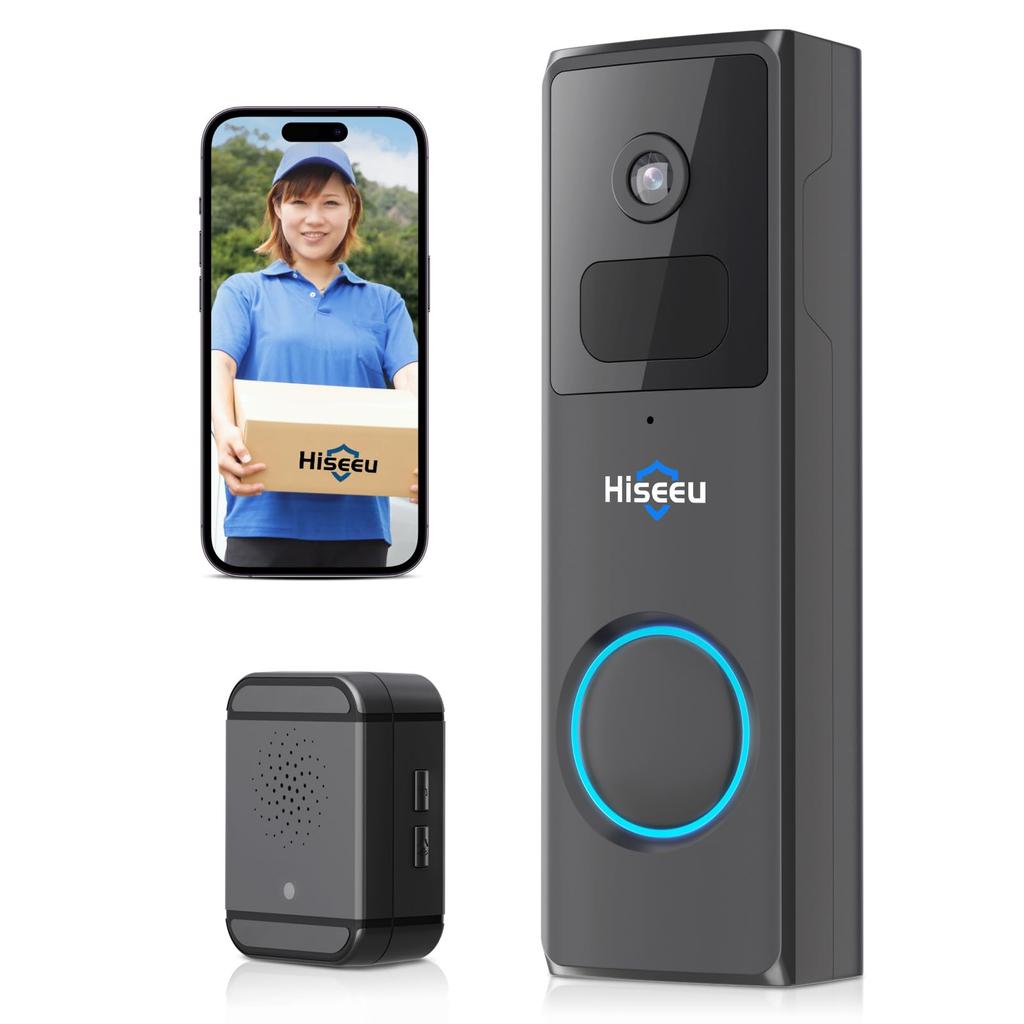 Hiseeu 2MP Wireless Doorbell with 2MP Video Night AI Motion Smartphone App Cloud IP66 Signal USB Charging Cable Power Indoor Intercom for Lot (2.4GHz
