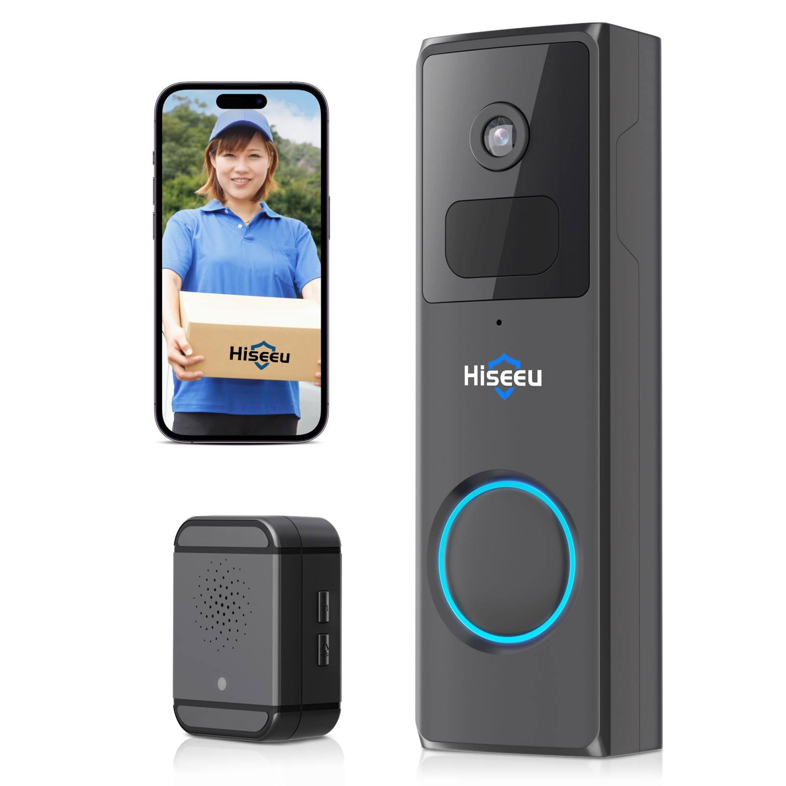 

Hiseeu 2MP Wireless Doorbell with 2MP Video Night AI Motion Smartphone App Cloud IP66 Signal USB Charging Cable Power Indoor Intercom for Lot (2.4GHz