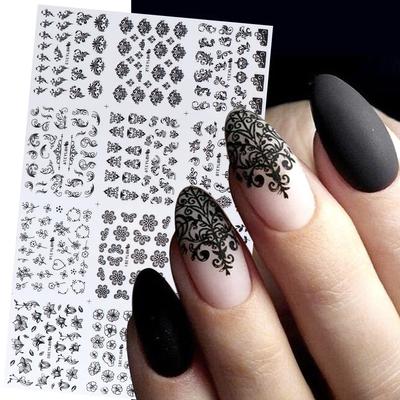 Svarta Nagelstickers Blomma Blad 3D Sliders Dekaler Nageldekaler DIY Design Manikyr Tips