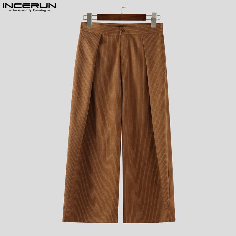INCERUN Men Casual Loose Zip-up Waist Striped Baggy Wide Legs Pants Long Trousers