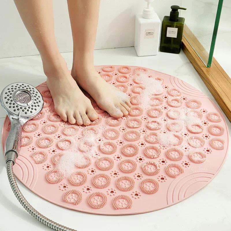 Bathroom Accessories Set: Round Non-Slip Bath Mat, Safety Shower PVC Bathroom Mat With Drain Hole, Plastic Massage Foot Pad