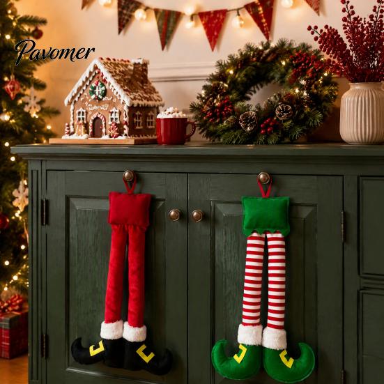 Fun Holiday Party Atmosphere Supplies Christmas Elf Leg Hanging Ornaments, Red Green Striped Fabric Decorations Wall Decor for Tree Fireplace And Car