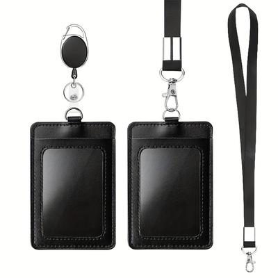 PU Leather ID Card Holder,with Retractable Reel and Lanyard,for Work Badge,access Card,employee Card,canteen Card
