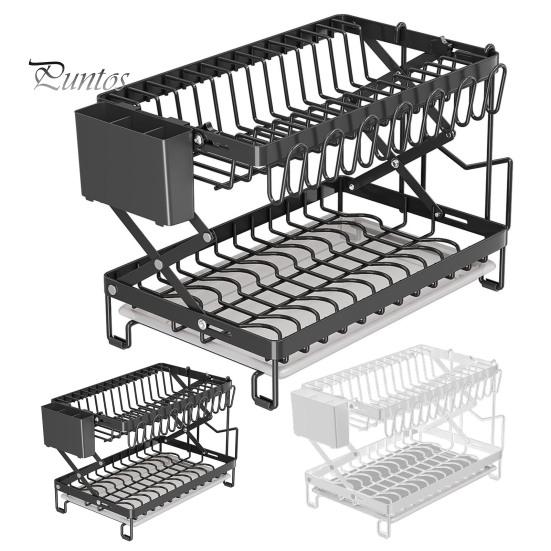 Drain Dish Rack with Wine Glass Holder Strong Load-bearing Height Adjustable 2-Tier Kitchen Counter Drying Rack Utensil Holder
