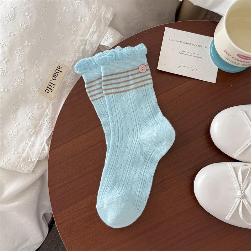 

Spring and Summer Lightweight Socks - Children s Lace Buttoned Striped Mid-Calf Socks with Open Mesh and Four-Leaf Clover Patterned Toe-Up Socks 1 pair