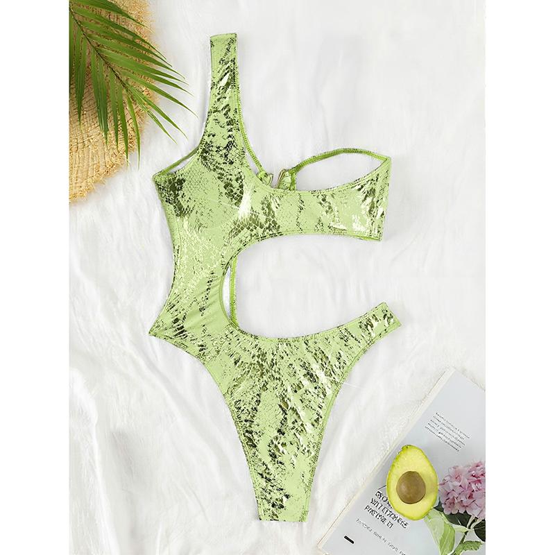 Costume Intero Donna Sexy Stampa Pelle di Serpente Verde Lucido Monospalla Taglio Cut-out Tanga Bikini Costume da Bagno per la Spiaggia