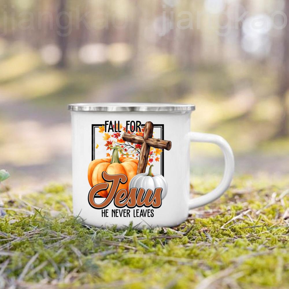 Pumpkin Spice Jesus Christ Print Enamel Mug Thanksgiving Camping Mug Gift for Family Friends Autumn Home Decor Fall Coffee Cup 360ml