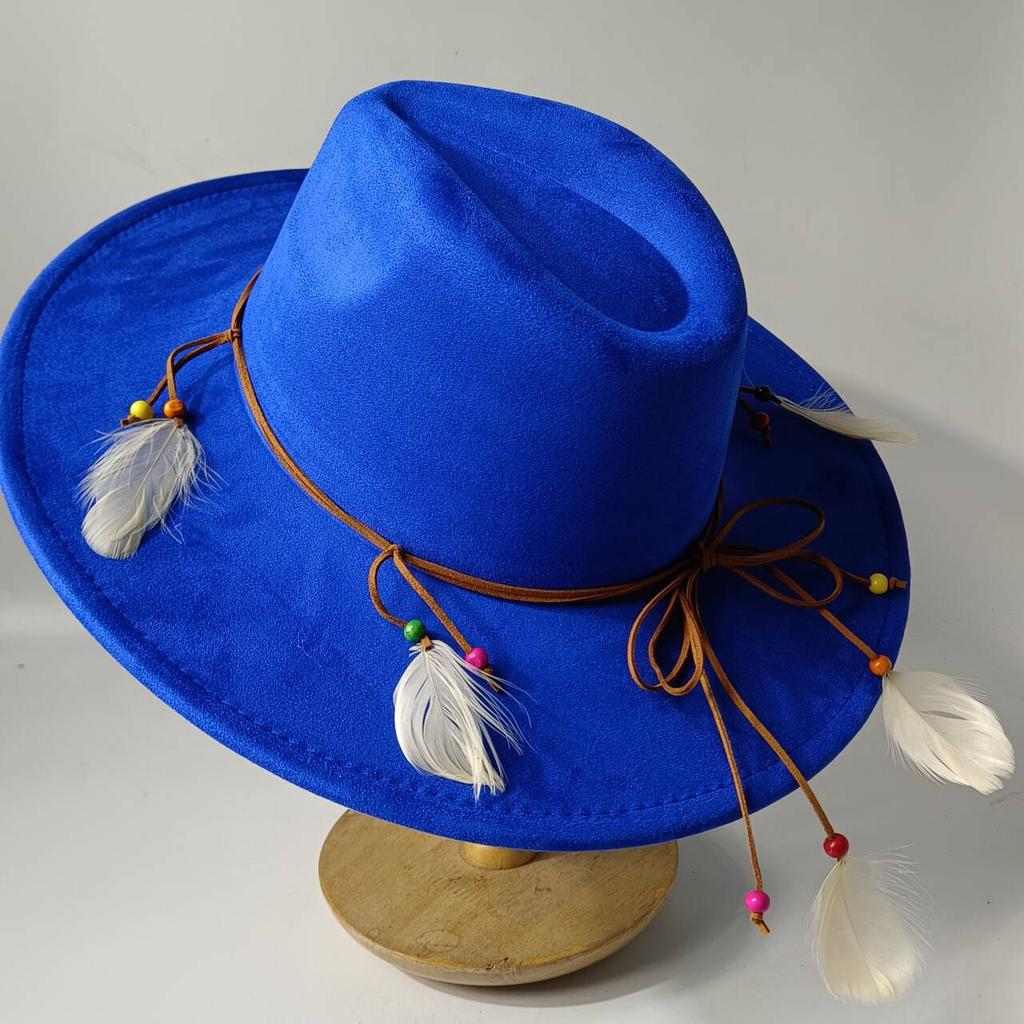 2026Bohemian style suede hat, brim 9.5 cm fedora with feather accessories, classic church hat, wide brim hat, women's hat