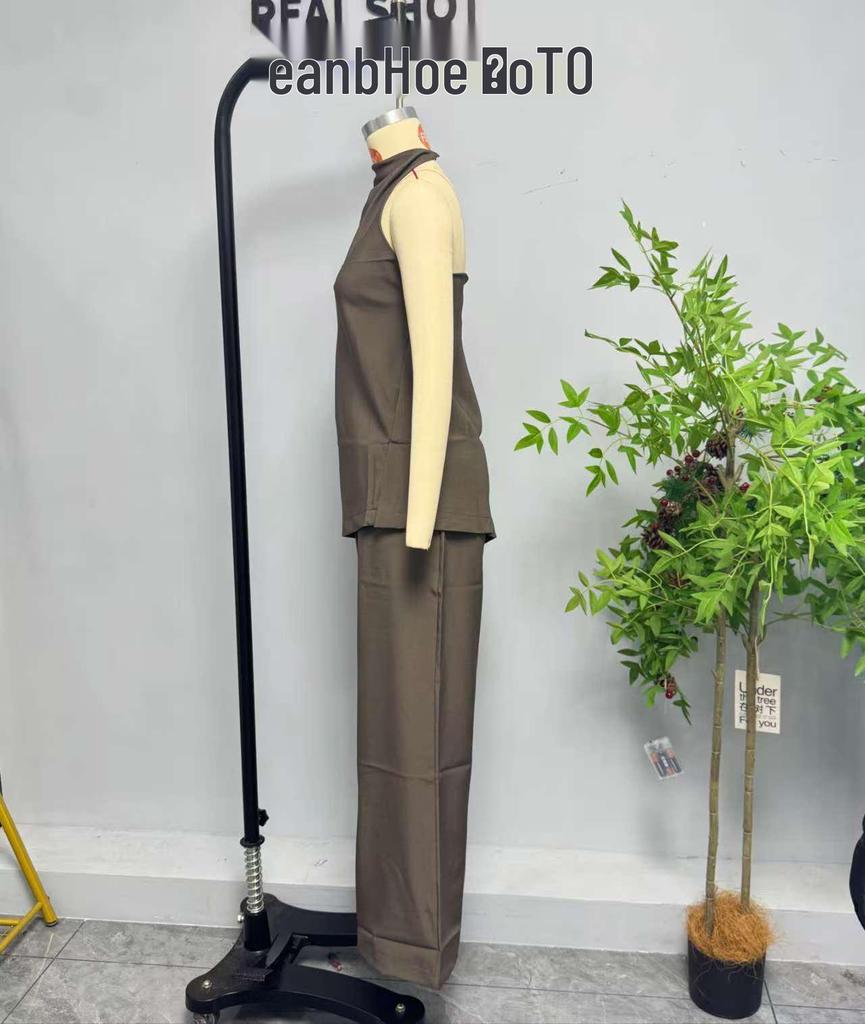 Women's European & American Fashion Asymmetrical Halter Top and Tie-Up Long Pants Set