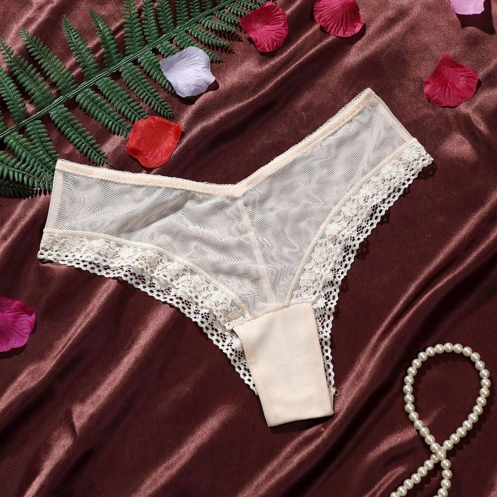 Low Waist Mesh Floral Panties Female Lingerie Patchwork Lace Flower Transparent Briefs Underwear Hollow Mesh Sheer Lace Thong