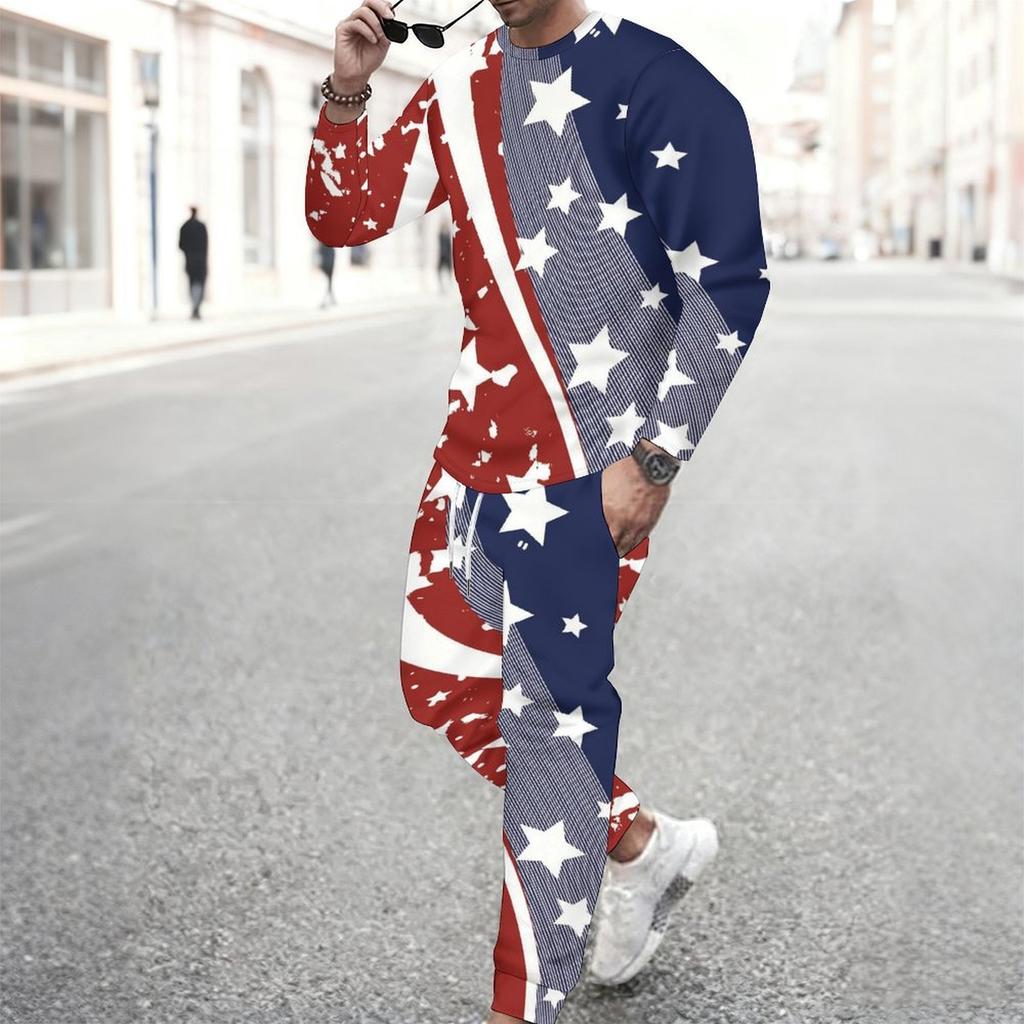 Men Sunflower American Flag Tie Dye Print Long Sleeve Sweatshirt And Drawstring Jogger Pants Two Piece Suit
