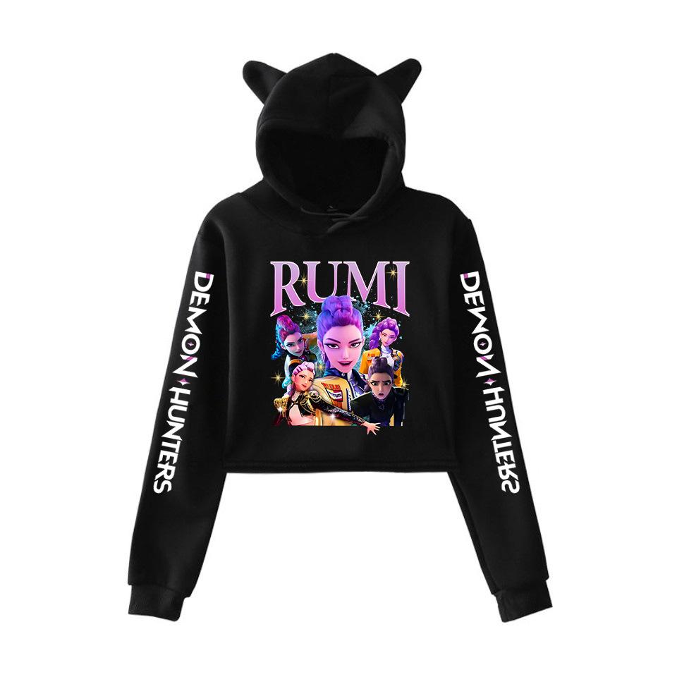 

K-pop Охотники на демонов Укороченные топы Толстовка с кошачьими ушками С длинным рукавом Модная толстовка для девочек XXS чёрный