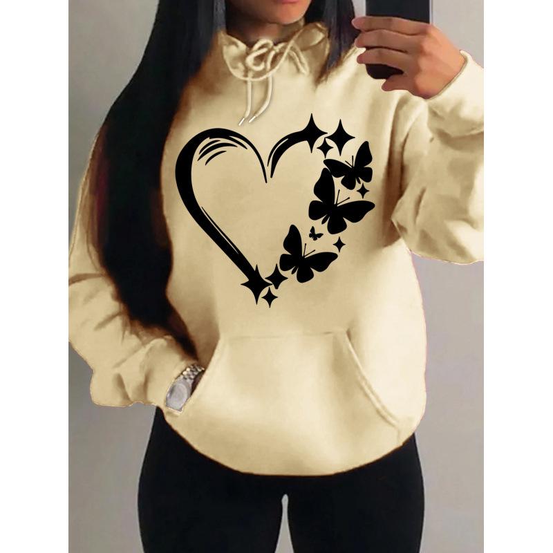European & American Style Love Heart Butterfly Print Women's Hooded Sweatshirt - Trendy Street Style Pullover