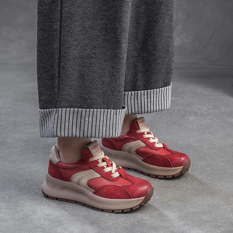 Spring and Autumn Thick-soled Trendy Cool Red Dad Shoes Genuine Leather Retro Sports and Leisure Shoes Cowhide Women's Travel Shoes