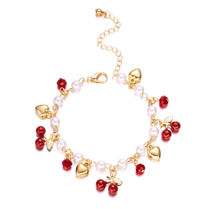 Dolce Carino Rosso Fragola Ciliegia Cuore Perla Ciondolo Bracciale Nuova Moda Y2K Frutta Colore Oro Catena Gioielli Regali per Feste 2025
