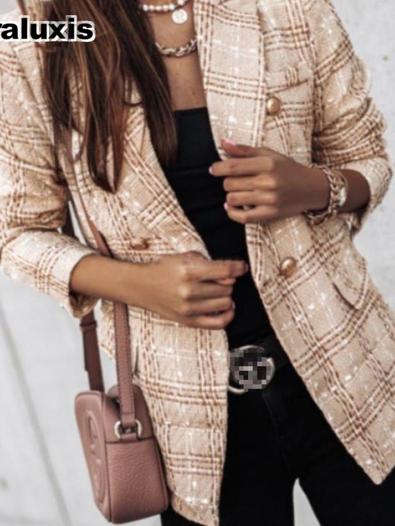 Autumn Winter Long Sleeve Double Button Lapel Printed Coat for Women