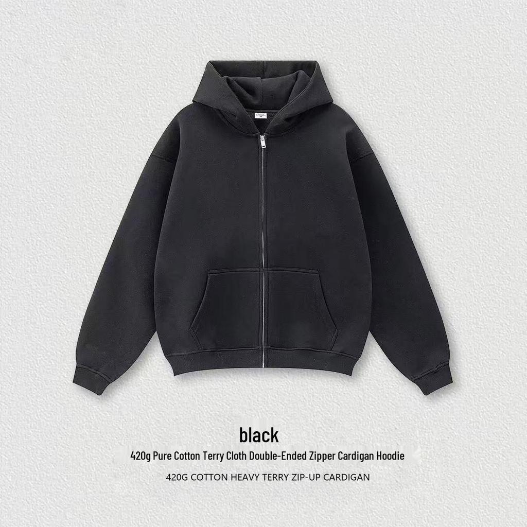 Double Zipper Hooded Cardigan, 420g Large European Size, 100% Cotton, Spring/Autumn, Trendy Loose Jacket