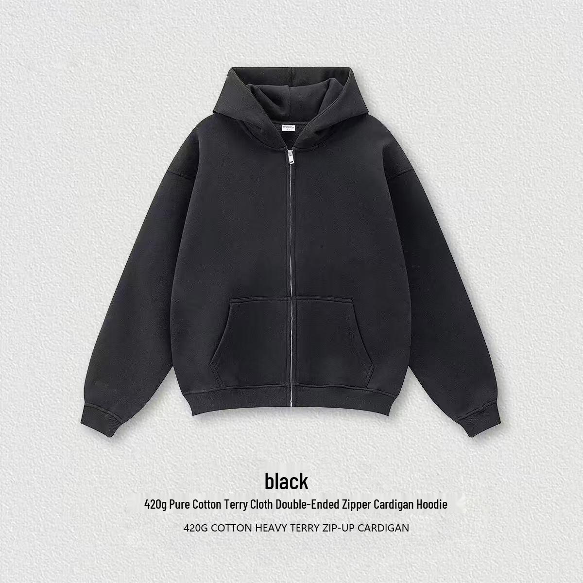 Unisex American Heavyweight Double Zipper Hoodie - 420g Solid Color Cardigan for Autumn/Winter. XXL чёрный