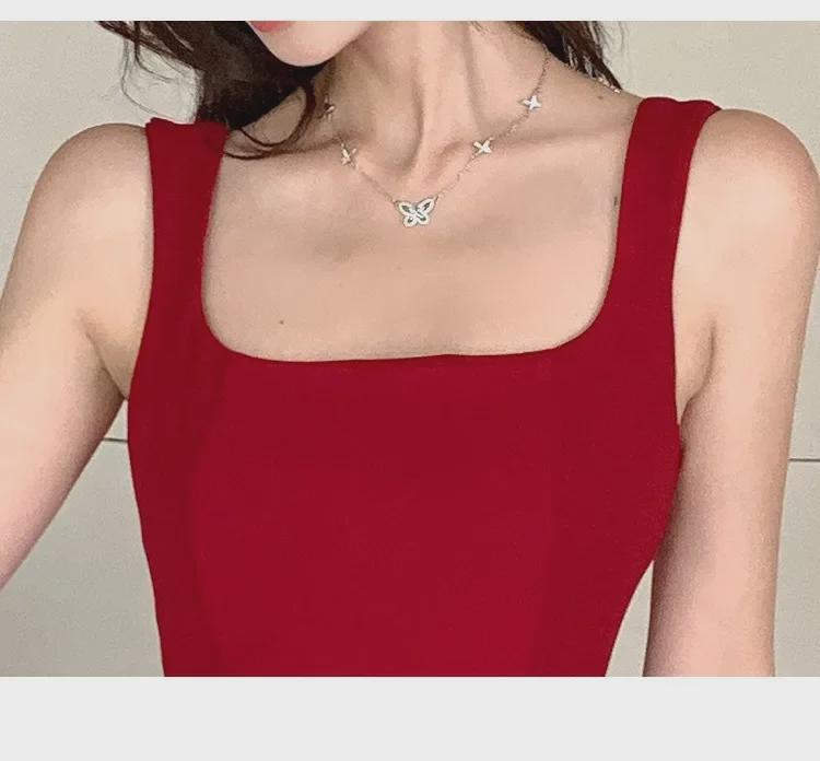 2025 Elegant Red Swing Skirt Dress: New French-Style Suspender for Women