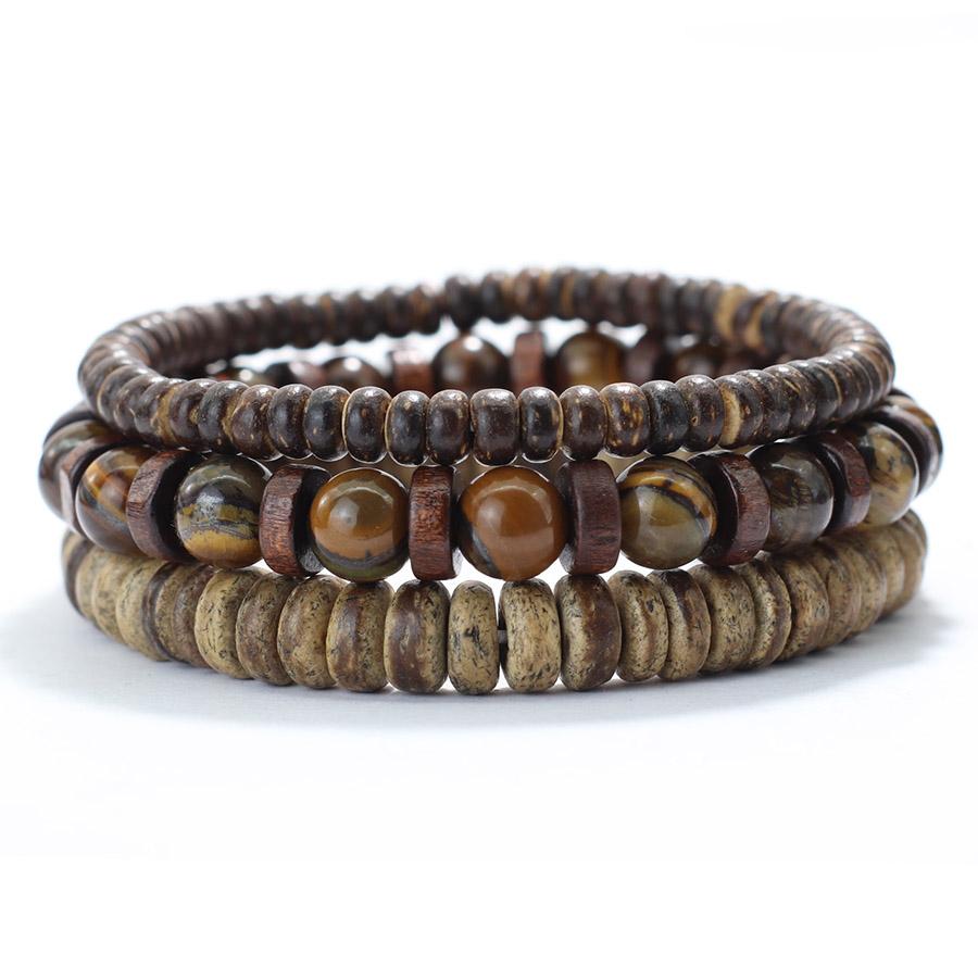 Vintage 3Pcs/Set Wooden Men Bracelet Natural Coconut Husk Turquoises Tiger Eyes Onyx Beads Braclet Jewelry Hombre Pulsera Joias