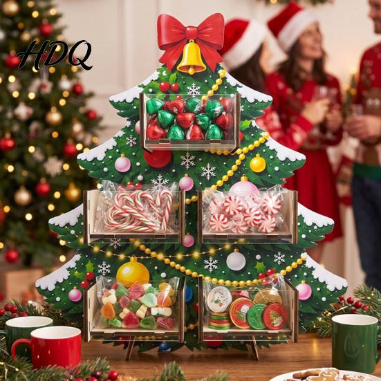 Christmas Candy Display Stand Tree Wooden Stand Acrylic Drawer Organizer for Holiday Window Party Dessert Table Treat Holder