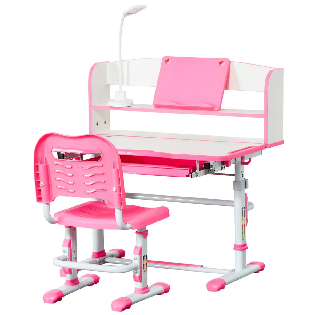 Scrivania Scolastica per Bambini 6-12 Anni Regolabile con Luce LED, Pupitre e Portapenne, in MDF, PP e Acciaio, Rosa