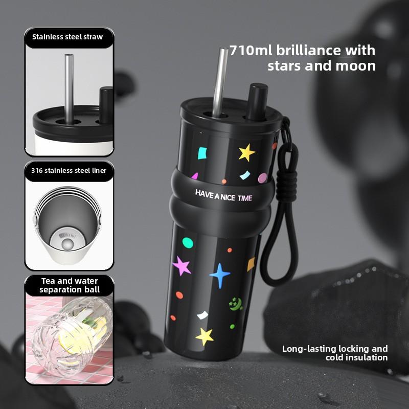 

710ML Large Capacity Stainless Steel Insulated Water Bottle with Straw Car Mounted Cute Cherry Design Drink Bottle for Women Kid 710ml