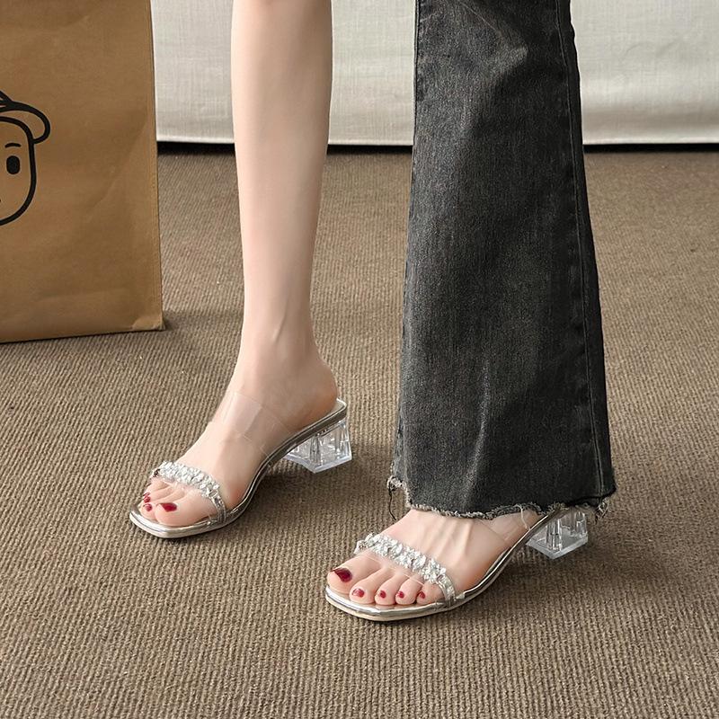 Fairy feng shui diamond slippers female summer wear fashion high sense transparent word with medium heel thick heel crystal sandals