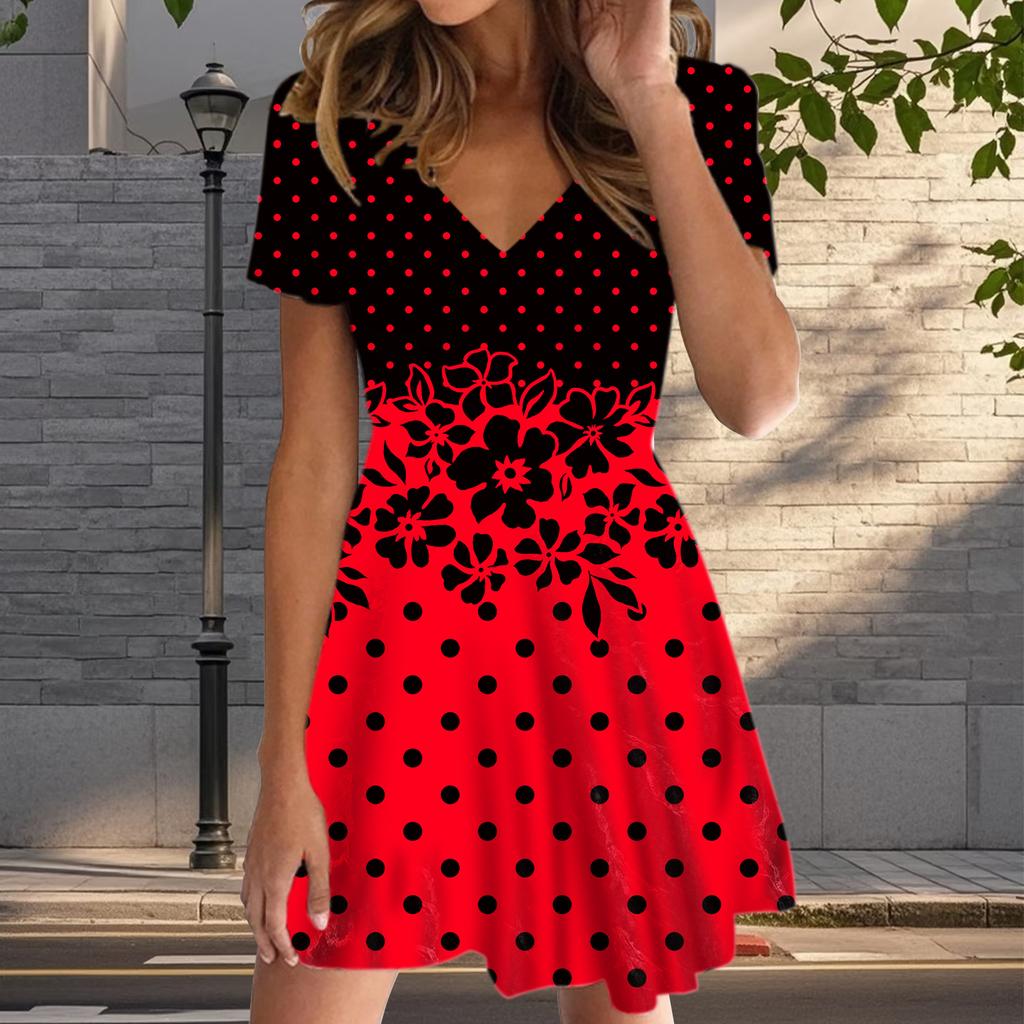 Summer Fashion Women's V Neck Short Sleeve Wave Point Printed  Dress Sex Short Skirt Dresses