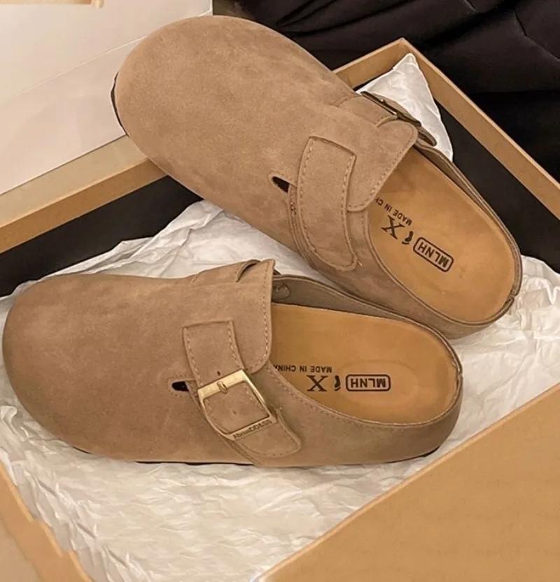 

Модная женская обувь 2025 Бренд Закрытый носок Женские тапочки Модная пряжка-ремень Новые уличные Повседневные Большого размера Бестселлер Плоские тапочки 40 хаки